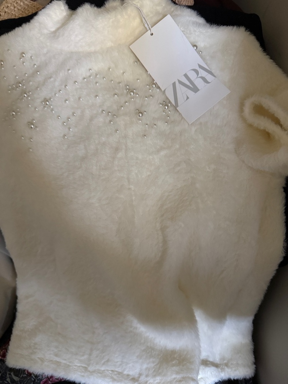 Zara White Pearl-Embellished Fuzzy Mock Neck Sweater - Picture 3 of 3